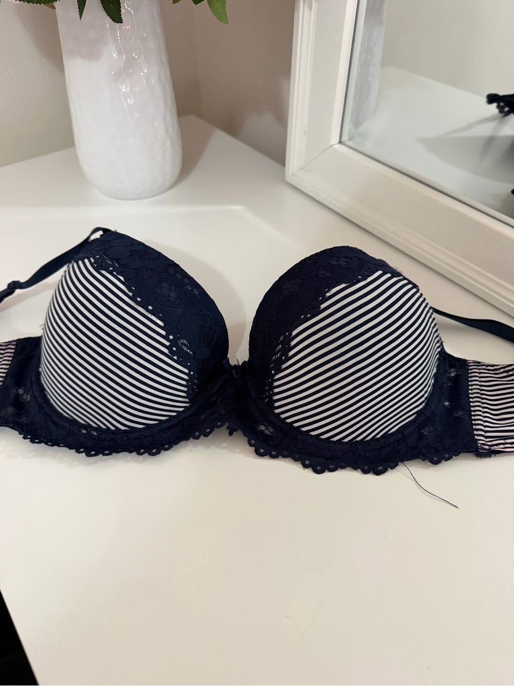 Navy and White Striped Lace-Trim Push-Up Bra